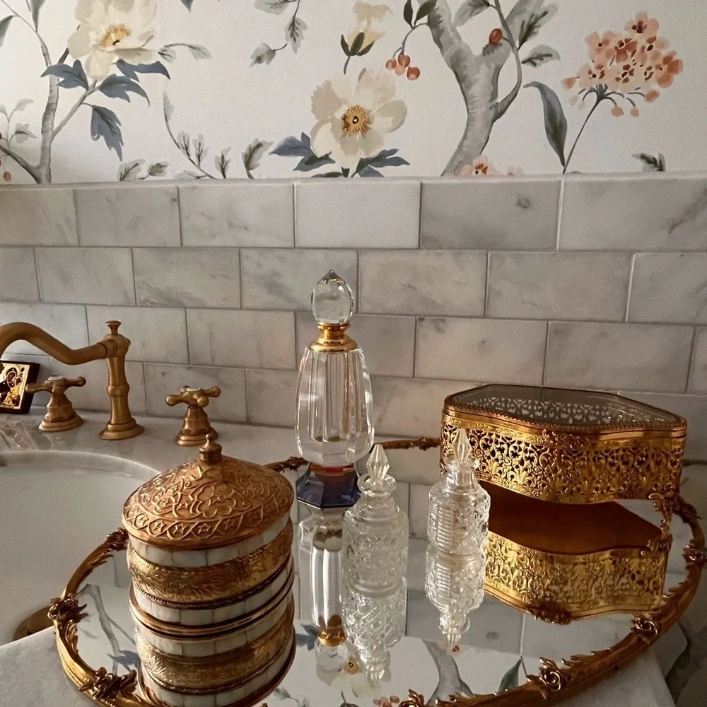 Large antique ,gold brass floral motif vanity tray . Rare
